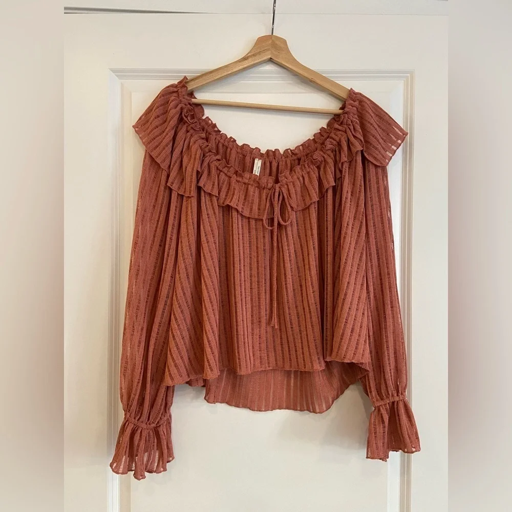 #5 Anthropologie long sleeve sheer striped crop blouse in size large - Picture 6 of 7